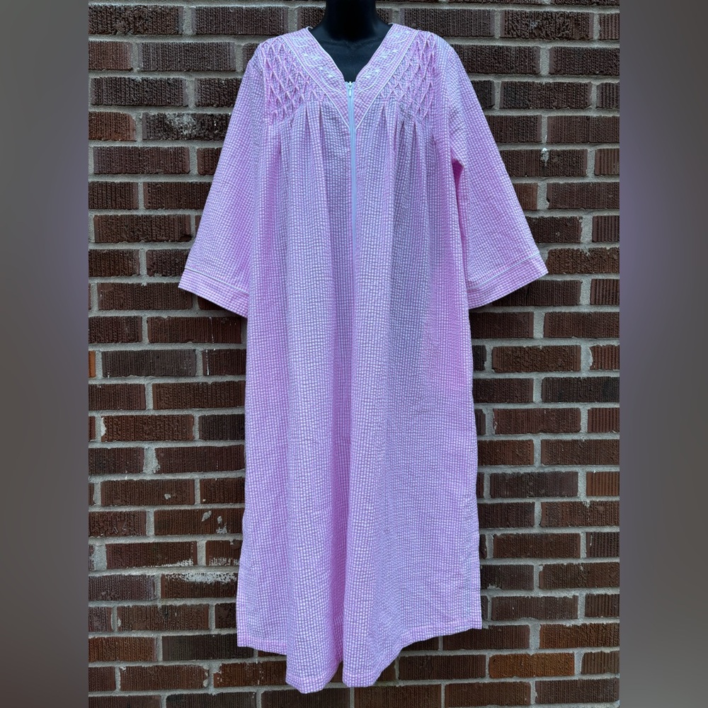 Miss Elaine Sz XL Seersucker 3/4 sleeves Long Zip Gingham Pink White House Dress